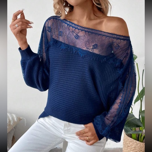 Luxe Sheer Mesh Lace Long Sleeve Knit Sweater Top Blue - Picture 6 of 6